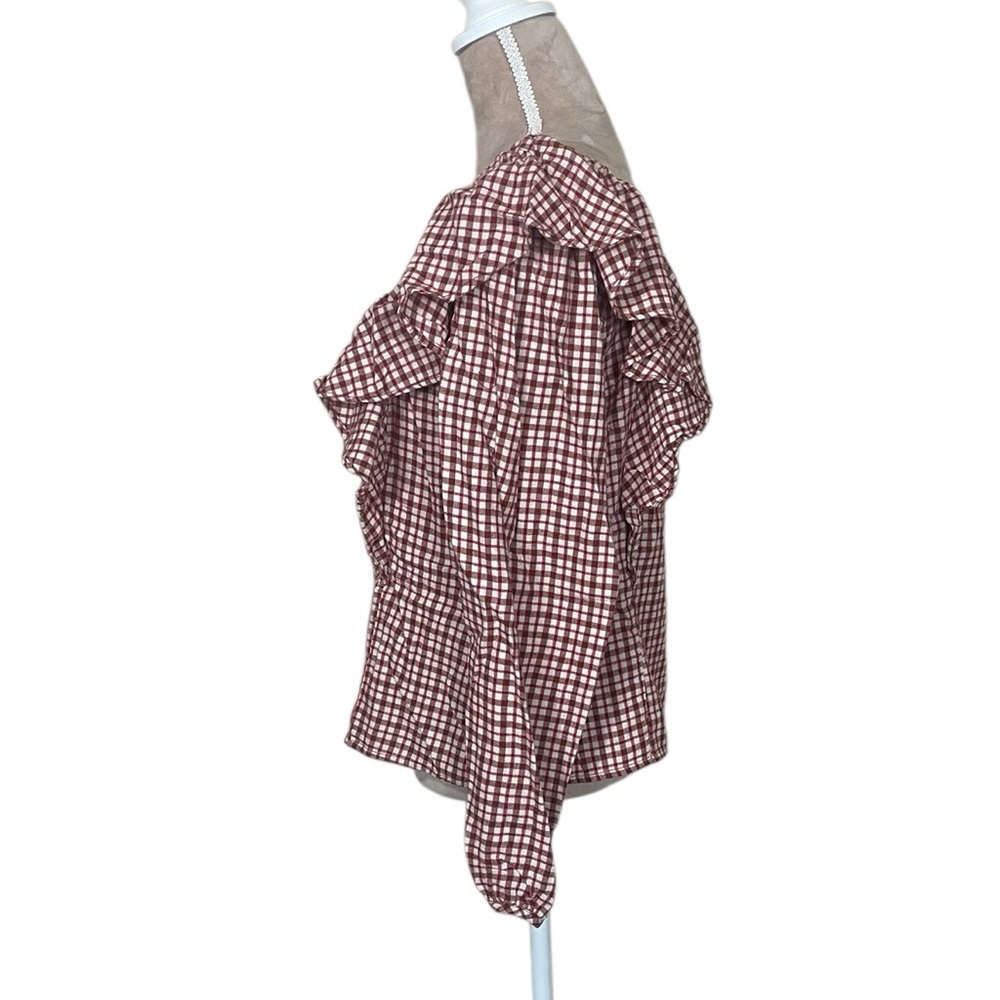 J. Crew Dusty Ivory Brick Red Flannel Gingham Blouse with Ruffle Detail - Picture 5 of 12